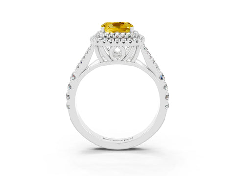 White gold Double Halo Cushion Cut Yellow Sapphire Split Shank Engagement Ring with Four-Prong Setting_3