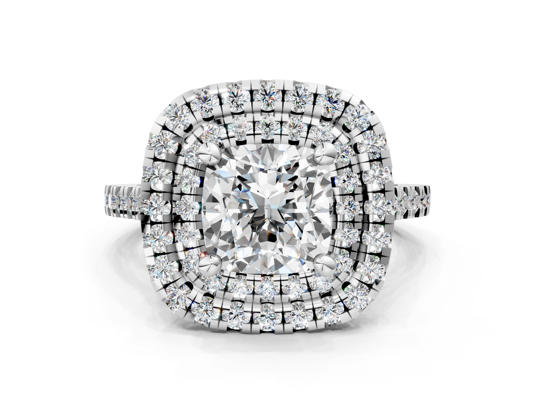 White gold Double Halo Cushion Diamond Pave Band with Four-Prong Setting_75
