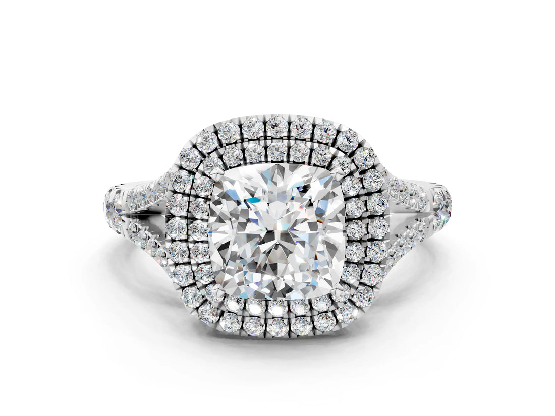 White gold Double Halo Cushion-Shaped Split Shank Diamond Ring with Prong Setting_20