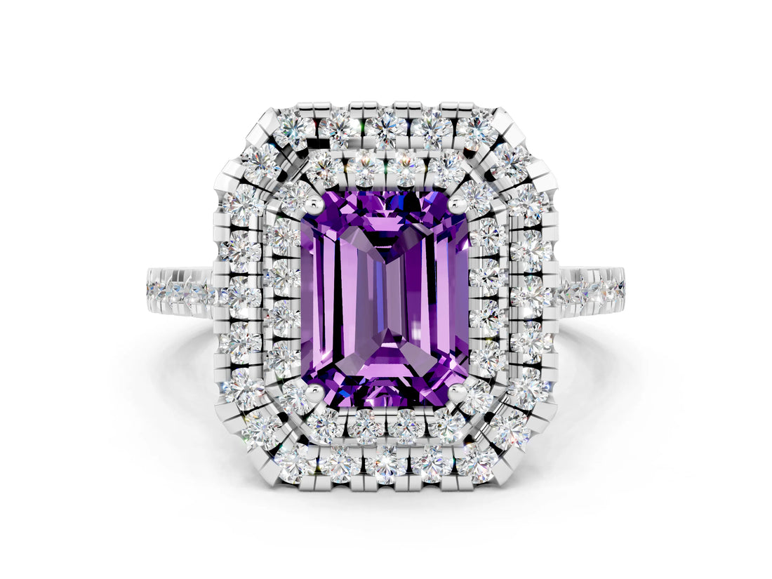 White gold Double Halo Emerald Cut Amethyst Pavé Band with Four-Prong Setting
