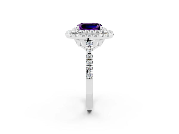 Platinum Double Halo Emerald Cut Amethyst Pavé Band with Four-Prong Setting