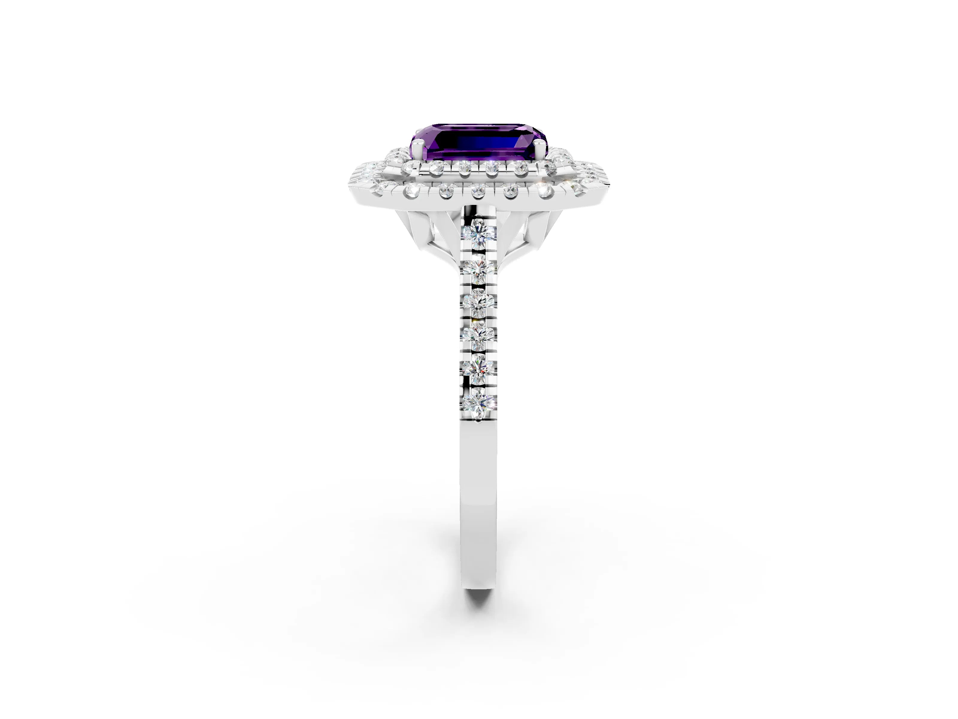 White gold Double Halo Emerald Cut Amethyst Pavé Band with Four-Prong Setting_2
