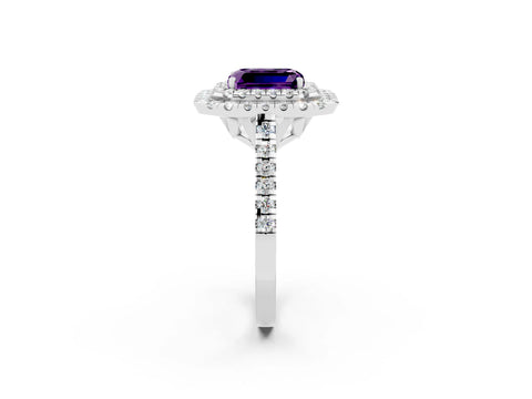 White gold Double Halo Emerald Cut Amethyst Pavé Band with Four-Prong Setting_2