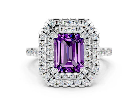 White gold Double Halo Emerald Cut Amethyst Pavé Band with Four-Prong Setting