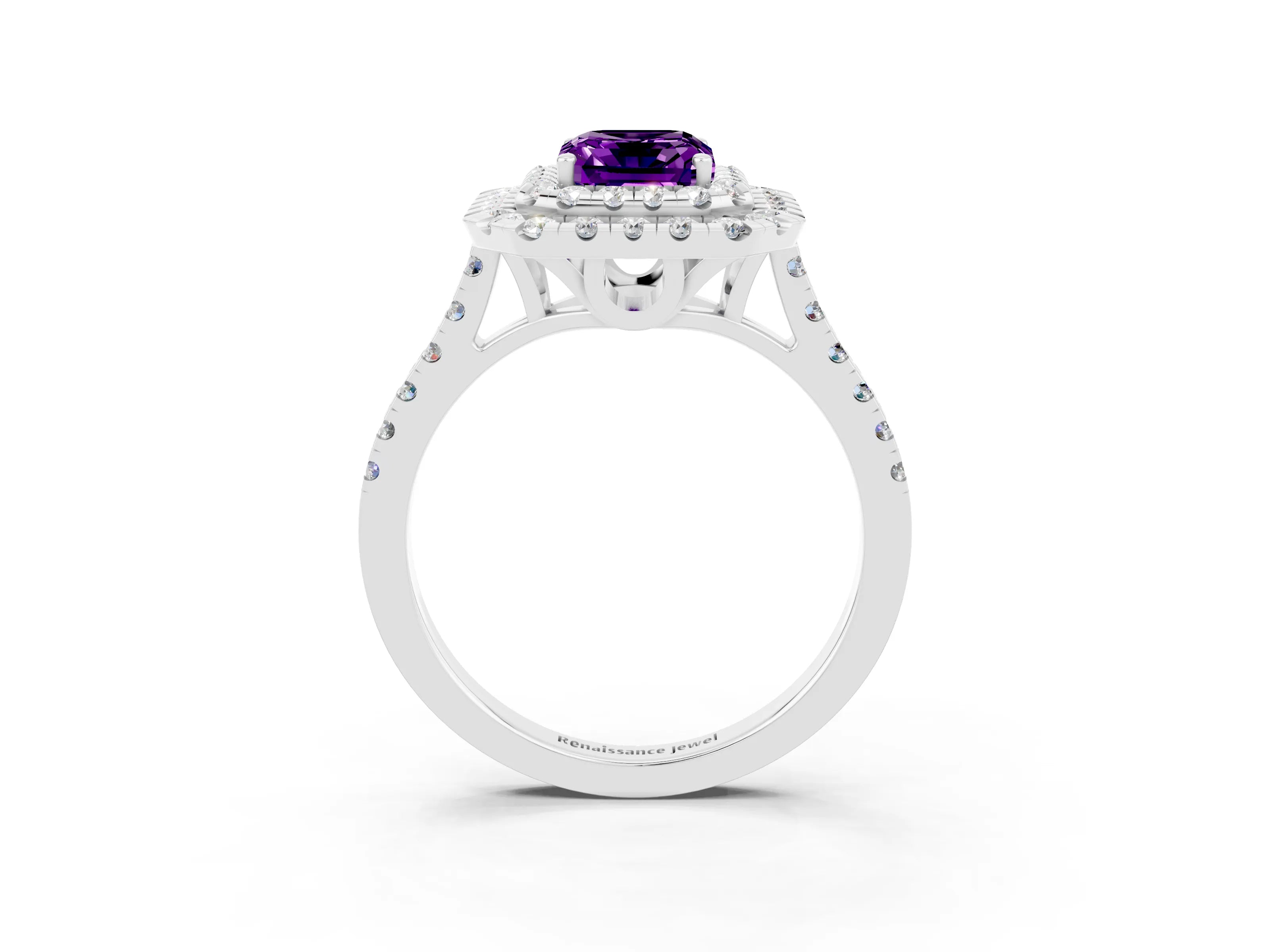 White gold Double Halo Emerald Cut Amethyst Pavé Band with Four-Prong Setting_3