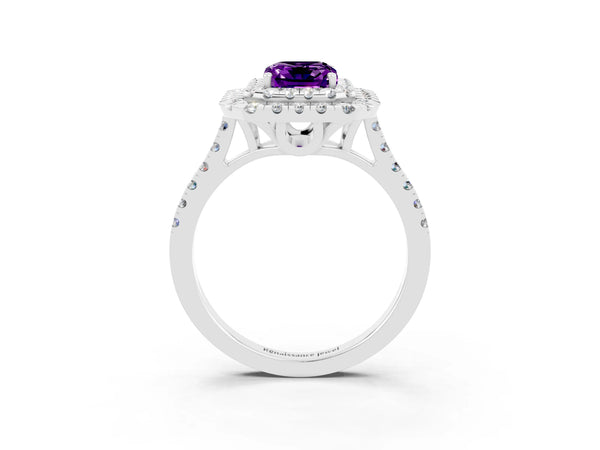 Silver Double Halo Emerald Cut Amethyst Pavé Band with Four-Prong Setting