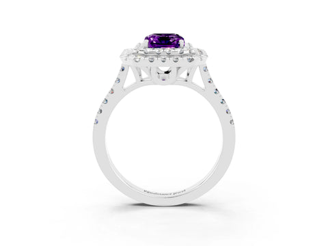 White gold Double Halo Emerald Cut Amethyst Pavé Band with Four-Prong Setting_3