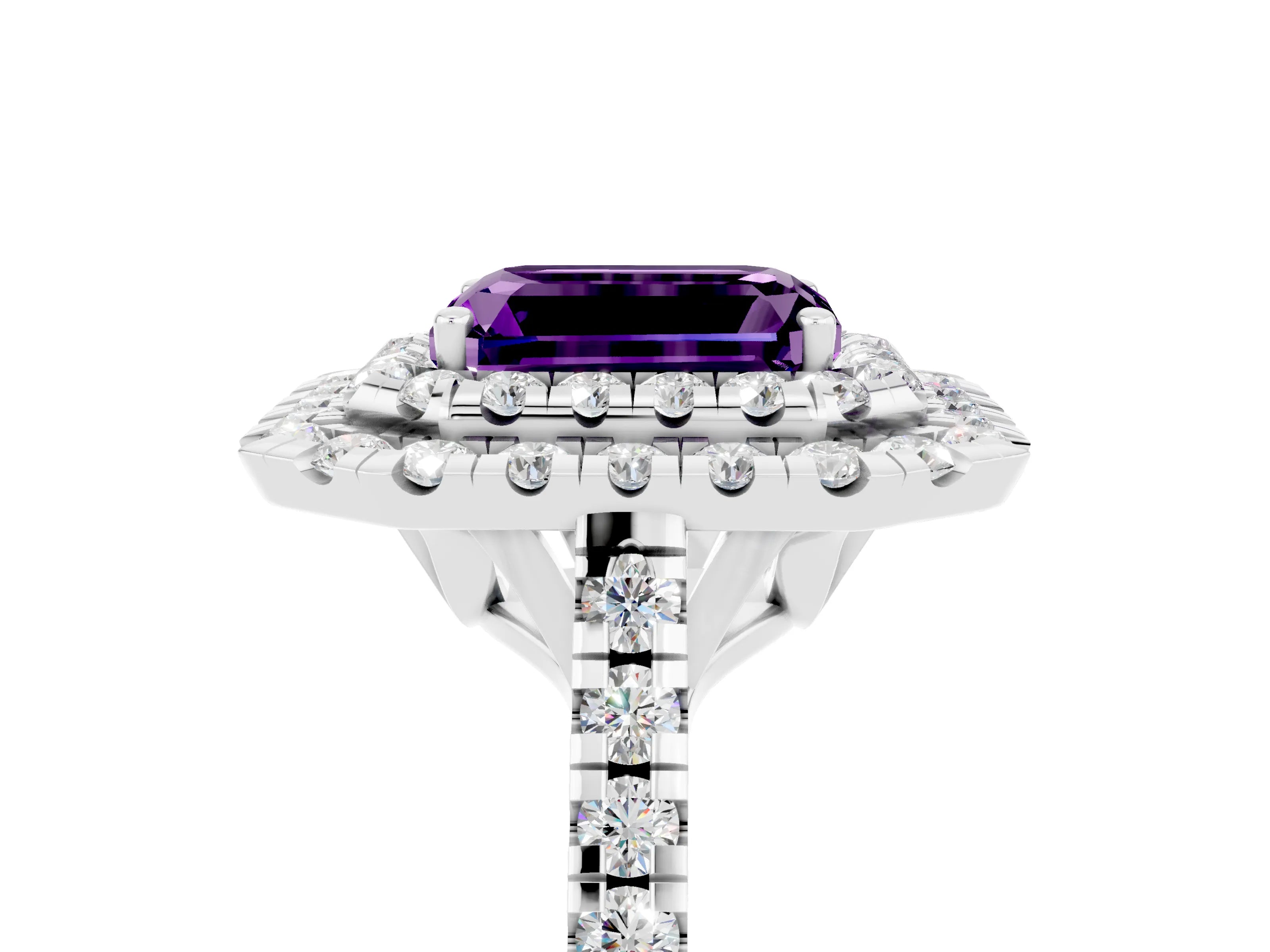 White gold Double Halo Emerald Cut Amethyst Pavé Band with Four-Prong Setting_5