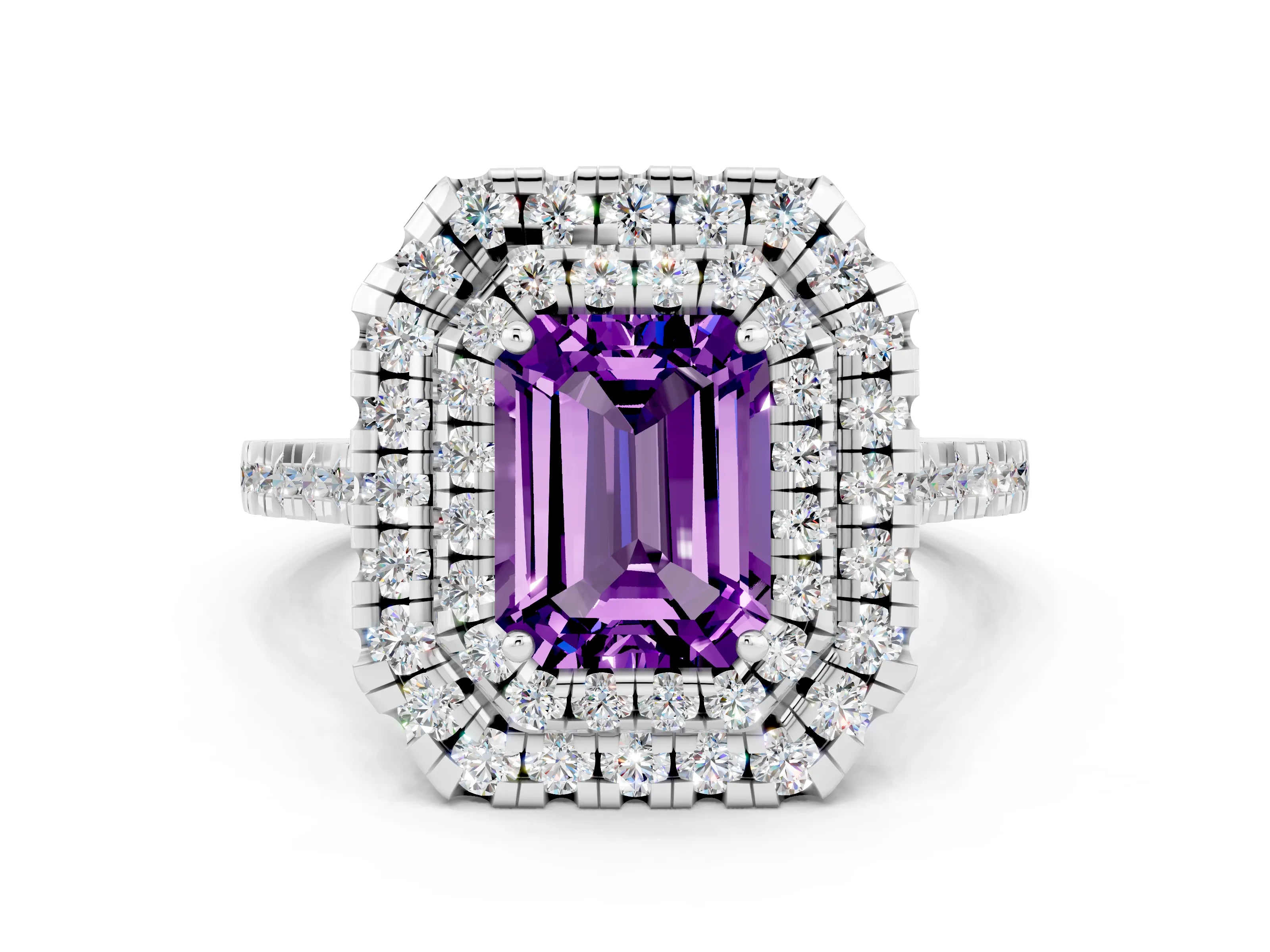 White gold Double Halo Emerald Cut Amethyst Pavé Band with Four-Prong Setting