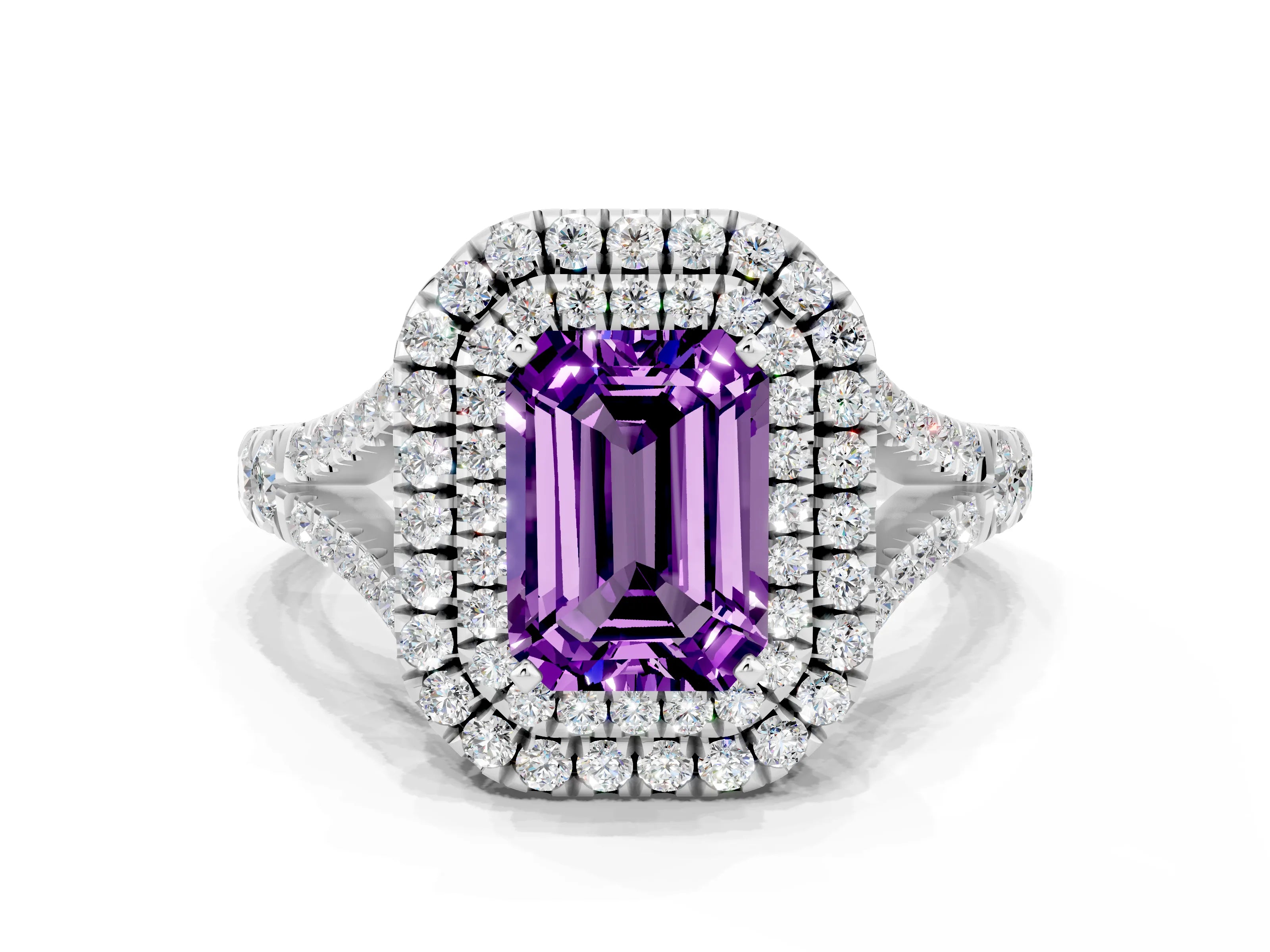 White gold Double Halo Emerald Cut Amethyst Pavé Split Shank Ring with Prong Setting
