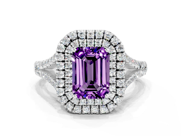 Platinum Double Halo Emerald Cut Amethyst Pavé Split Shank Ring with Prong Setting