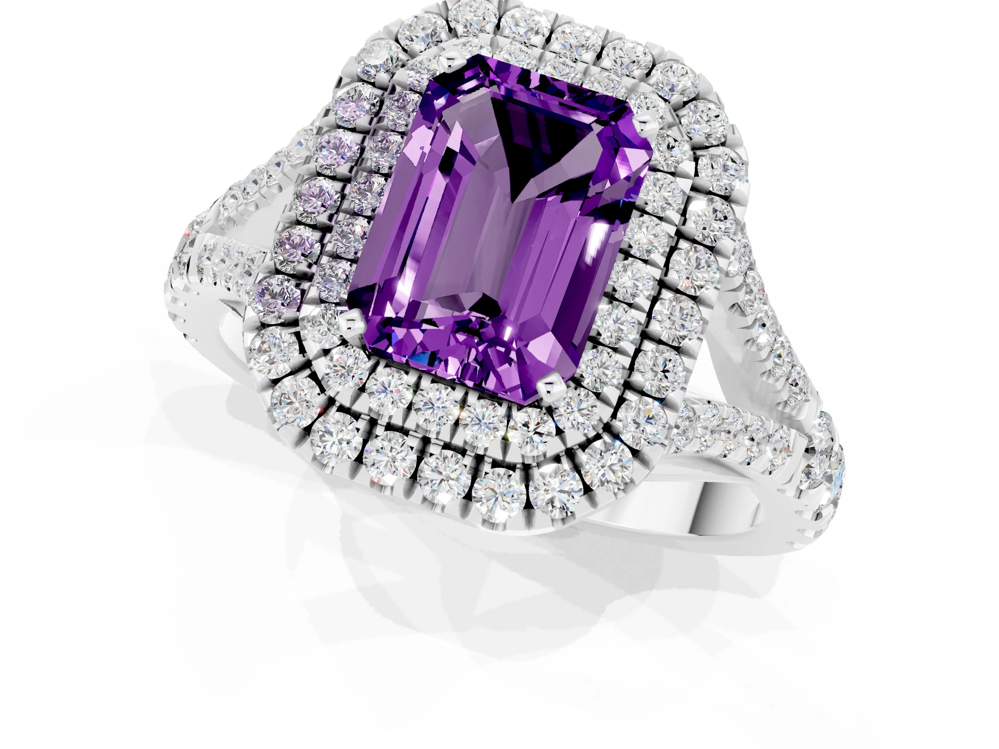 White gold Double Halo Emerald Cut Amethyst Pavé Split Shank Ring with Prong Setting_1