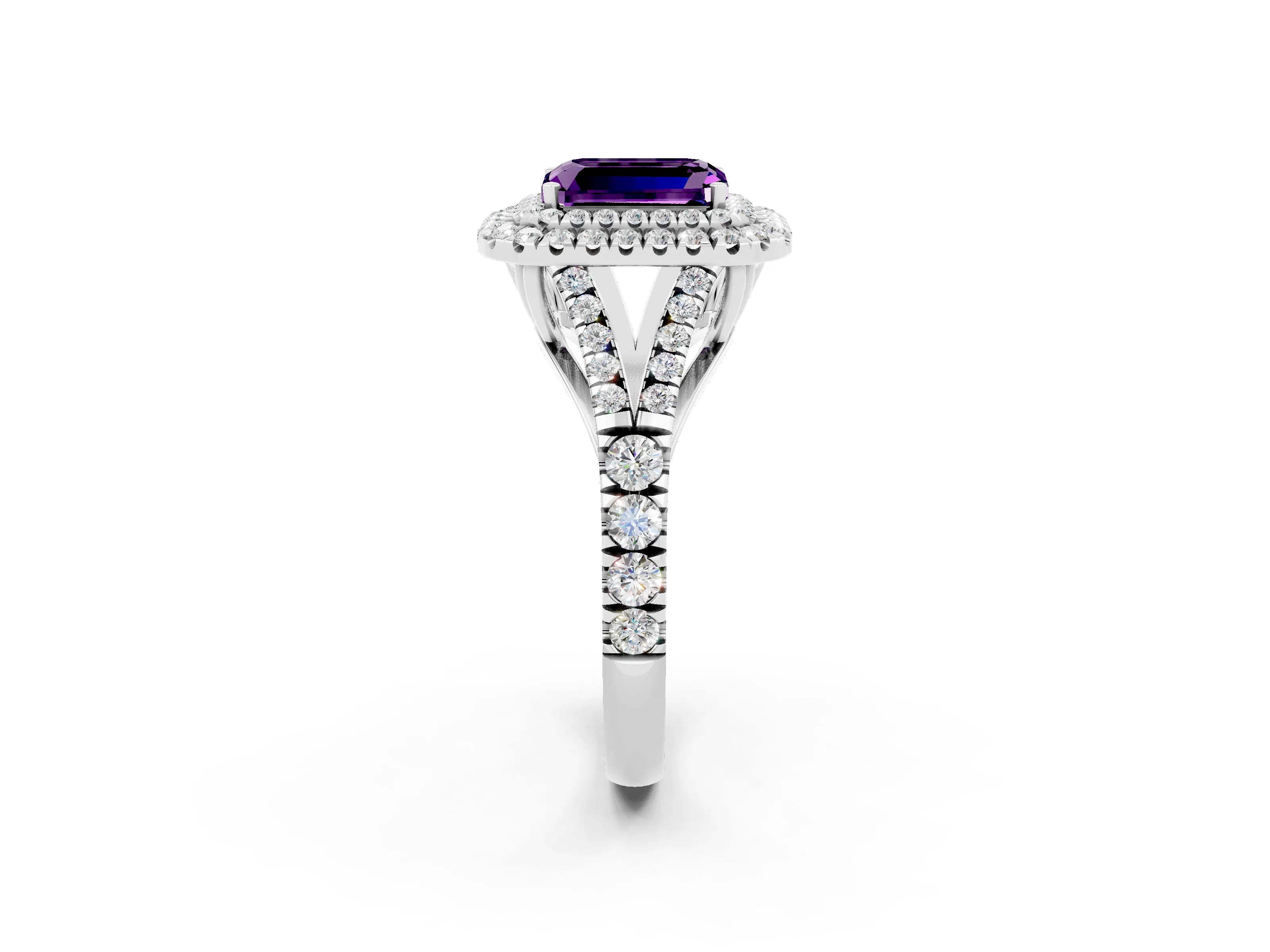 White gold Double Halo Emerald Cut Amethyst Pavé Split Shank Ring with Prong Setting_2