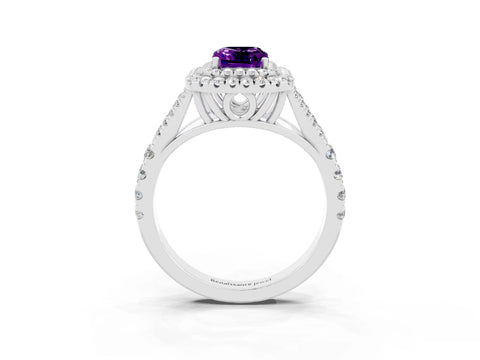 White gold Double Halo Emerald Cut Amethyst Pavé Split Shank Ring with Prong Setting_3