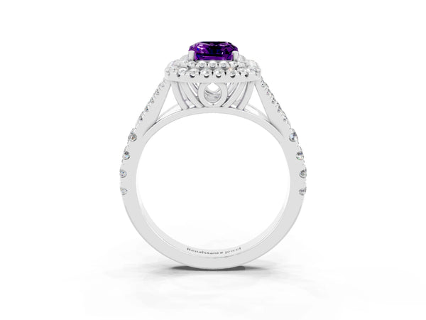 White gold Double Halo Emerald Cut Amethyst Pavé Split Shank Ring with Prong Setting