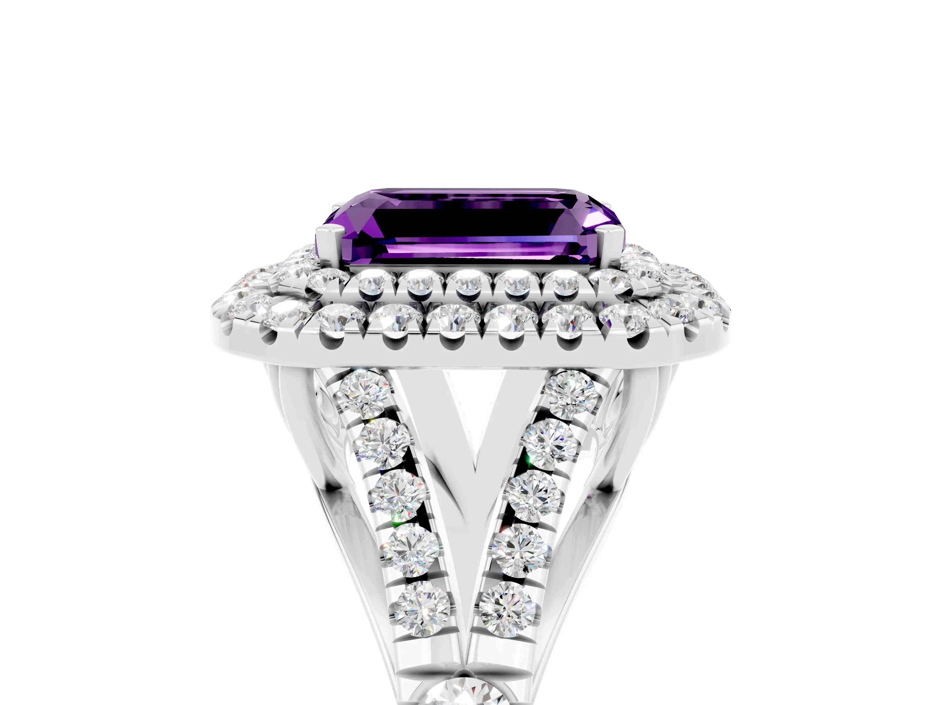 White gold Double Halo Emerald Cut Amethyst Pavé Split Shank Ring with Prong Setting_5