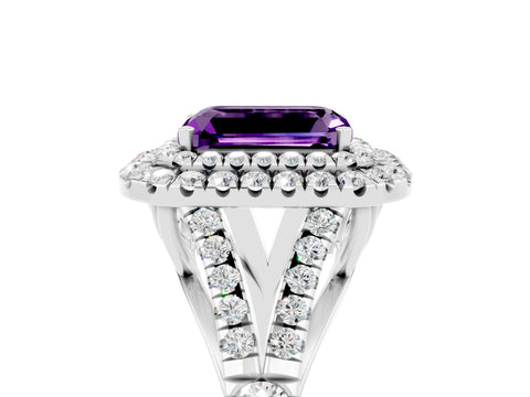 White gold Double Halo Emerald Cut Amethyst Pavé Split Shank Ring with Prong Setting_5
