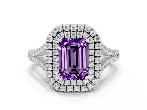 White gold Double Halo Emerald Cut Amethyst Pavé Split Shank Ring with Prong Setting