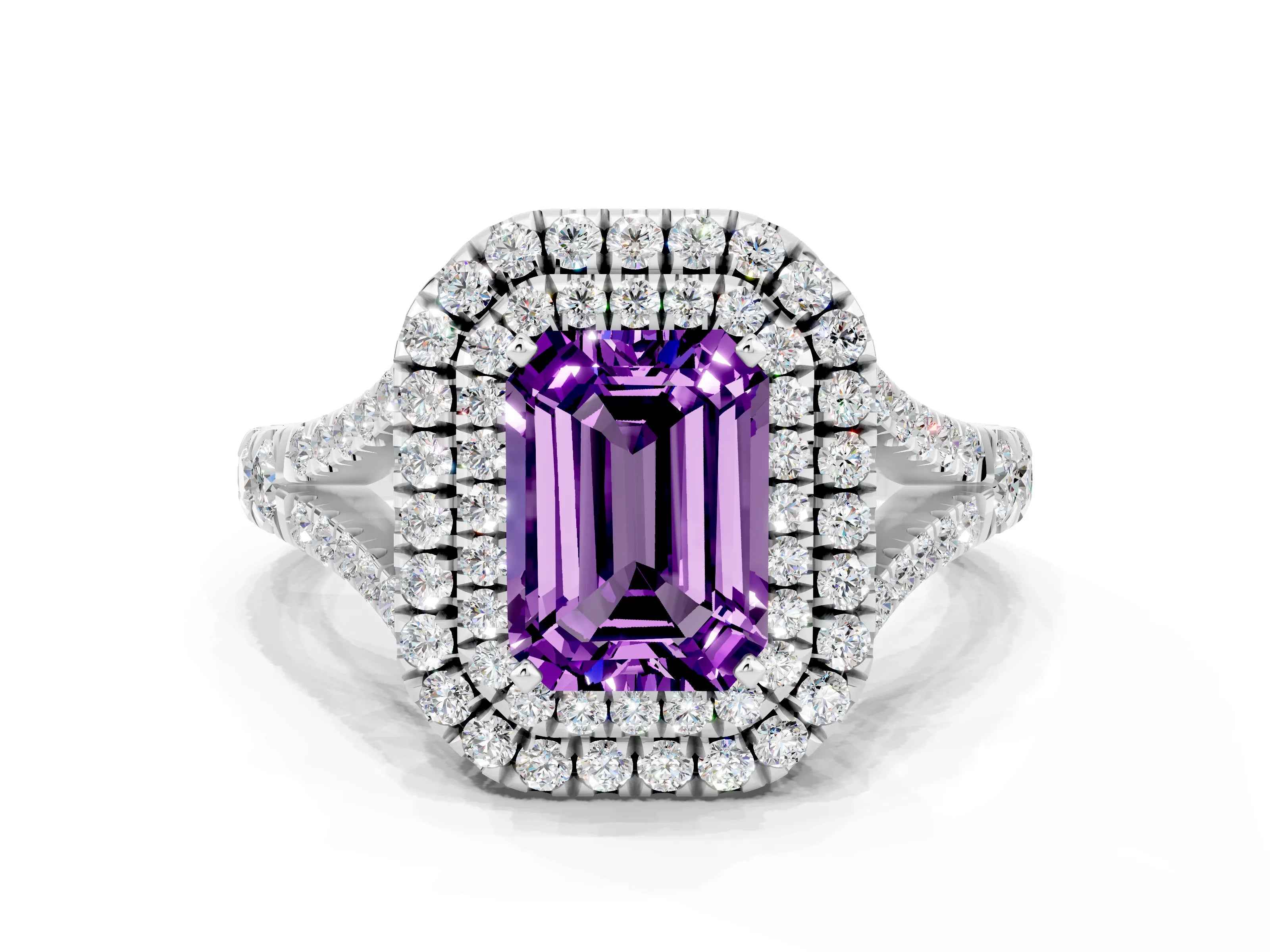 White gold Double Halo Emerald Cut Amethyst Split Shank Engagement Ring with Four-Prong Setting