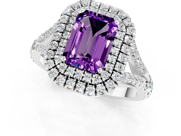 Silver Double Halo Emerald Cut Amethyst Split Shank Engagement Ring with Four-Prong Setting