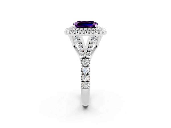 Platinum Double Halo Emerald Cut Amethyst Split Shank Engagement Ring with Four-Prong Setting