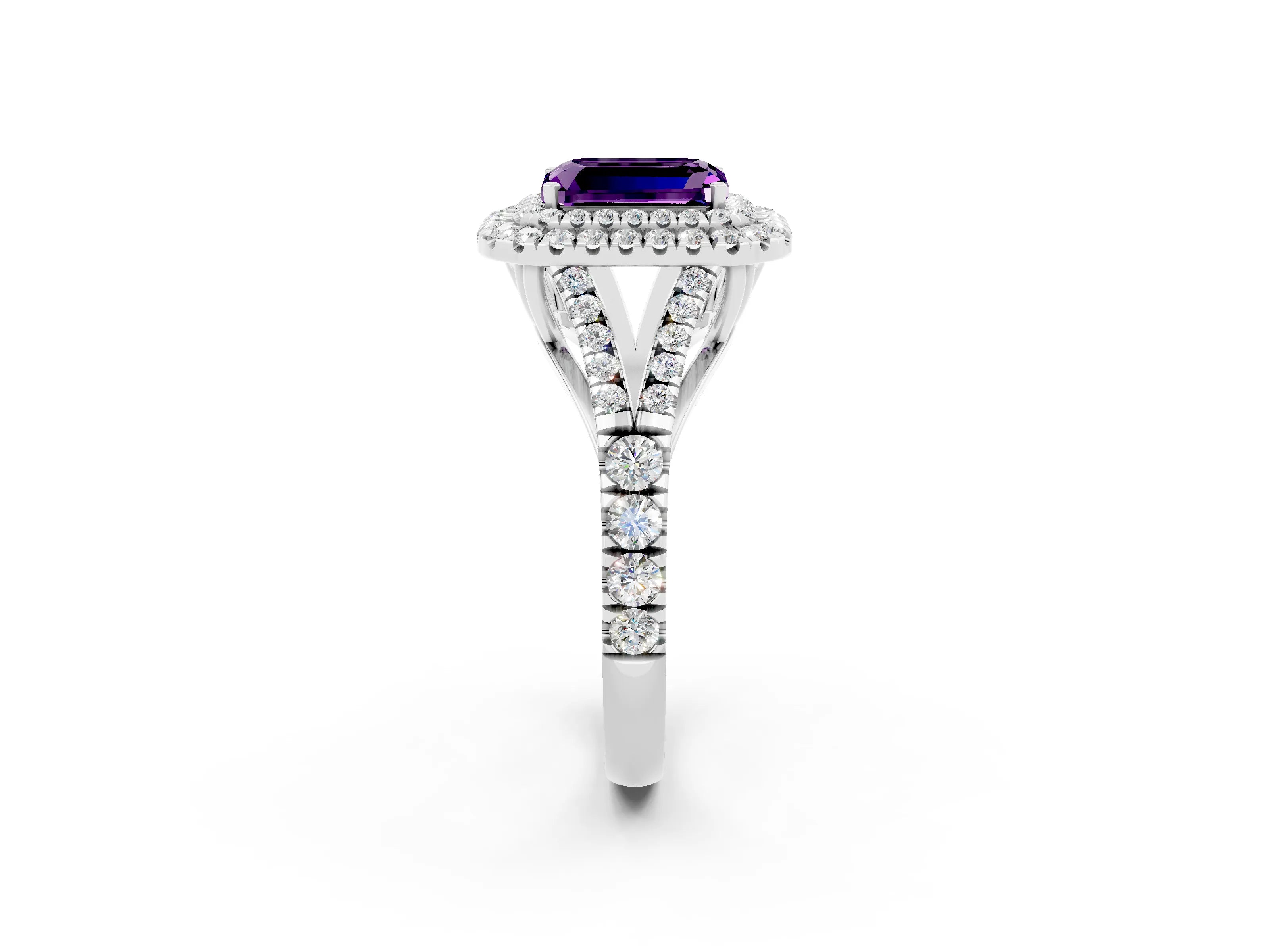 White gold Double Halo Emerald Cut Amethyst Split Shank Engagement Ring with Four-Prong Setting_2