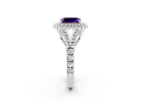 White gold Double Halo Emerald Cut Amethyst Split Shank Engagement Ring with Four-Prong Setting_2
