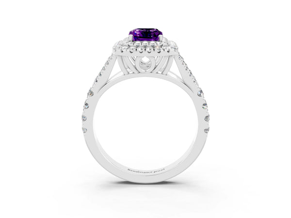 Platinum Double Halo Emerald Cut Amethyst Split Shank Engagement Ring with Four-Prong Setting