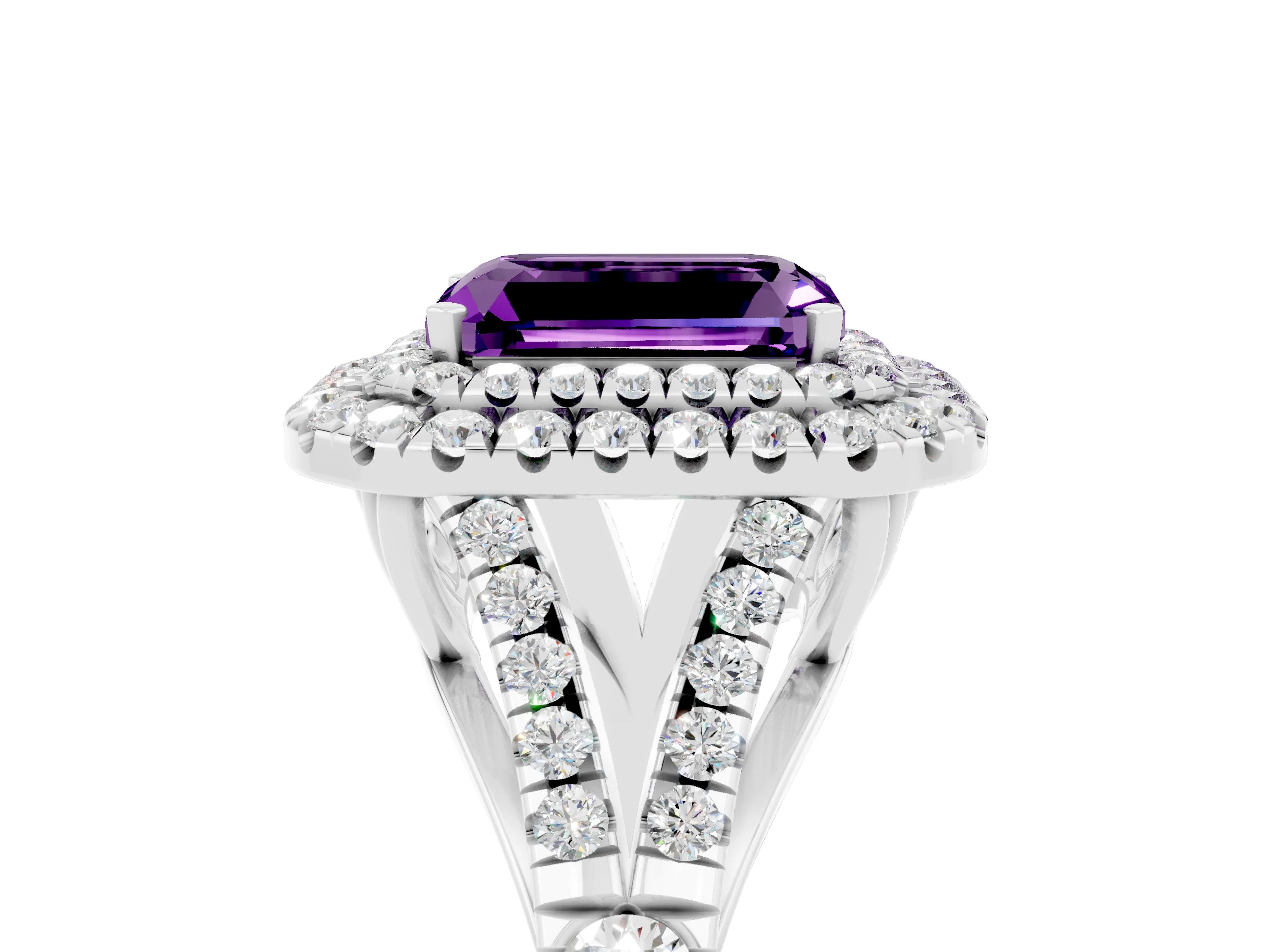 White gold Double Halo Emerald Cut Amethyst Split Shank Engagement Ring with Four-Prong Setting_5