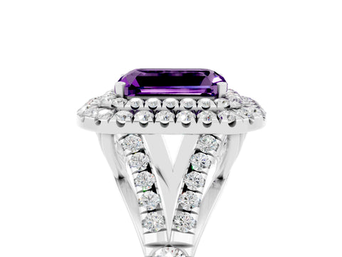 White gold Double Halo Emerald Cut Amethyst Split Shank Engagement Ring with Four-Prong Setting_5