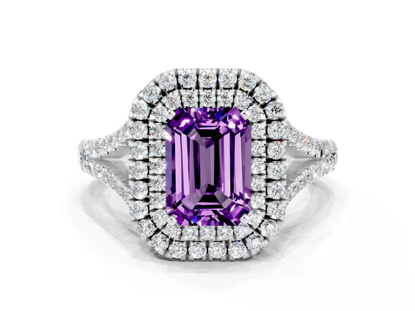 White gold Double Halo Emerald Cut Amethyst Split Shank Engagement Ring with Four-Prong Setting