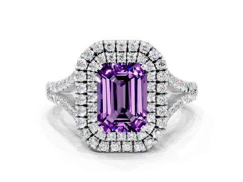 White gold Double Halo Emerald Cut Amethyst Split Shank Engagement Ring with Four-Prong Setting