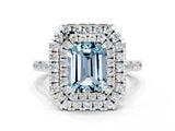 White gold Double Halo Emerald Cut Aquamarine Pavé Band with Four-Prong Setting