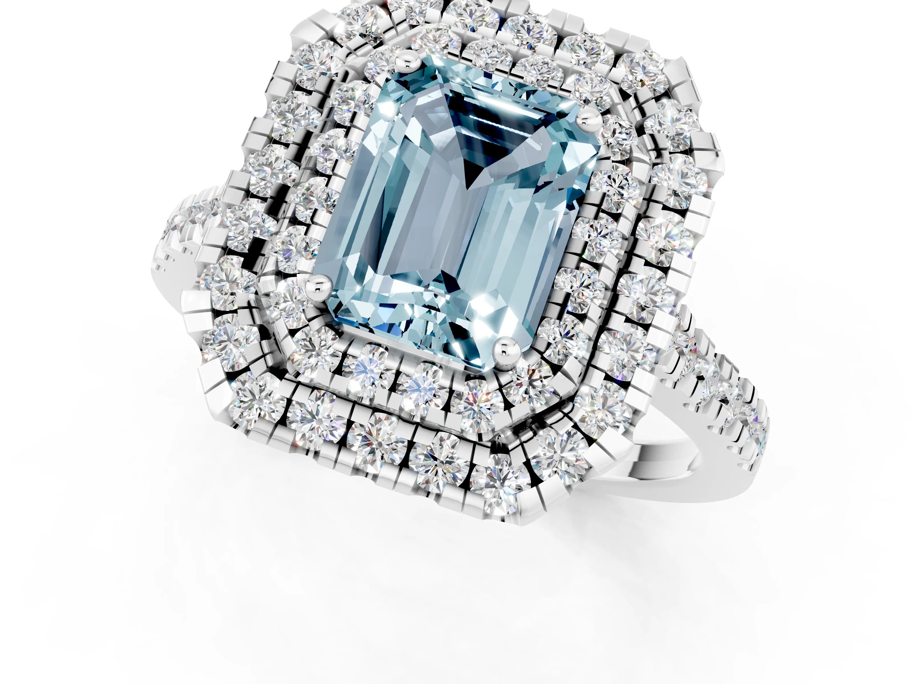 White gold Double Halo Emerald Cut Aquamarine Pavé Band with Four-Prong Setting_1