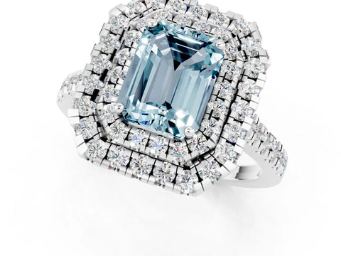 White gold Double Halo Emerald Cut Aquamarine Pavé Band with Four-Prong Setting_1