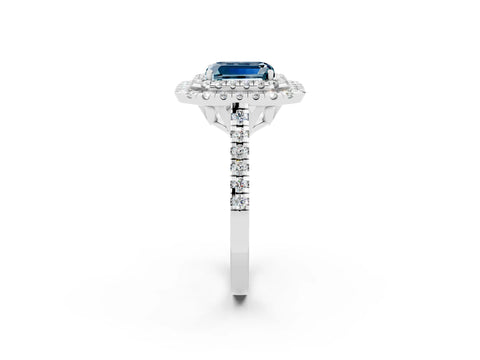 White gold Double Halo Emerald Cut Aquamarine Pavé Band with Four-Prong Setting_2
