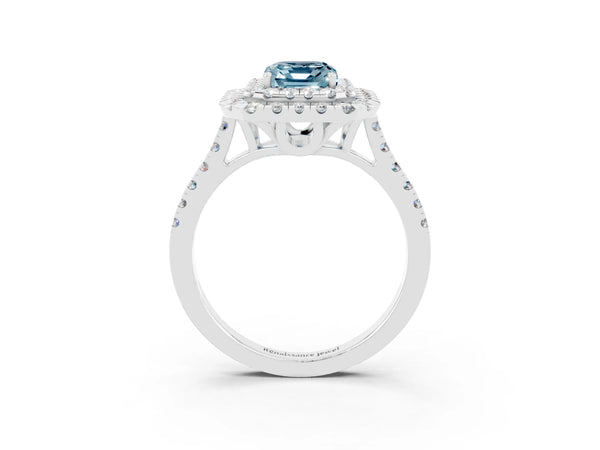 Platinum Double Halo Emerald Cut Aquamarine Pavé Band with Four-Prong Setting