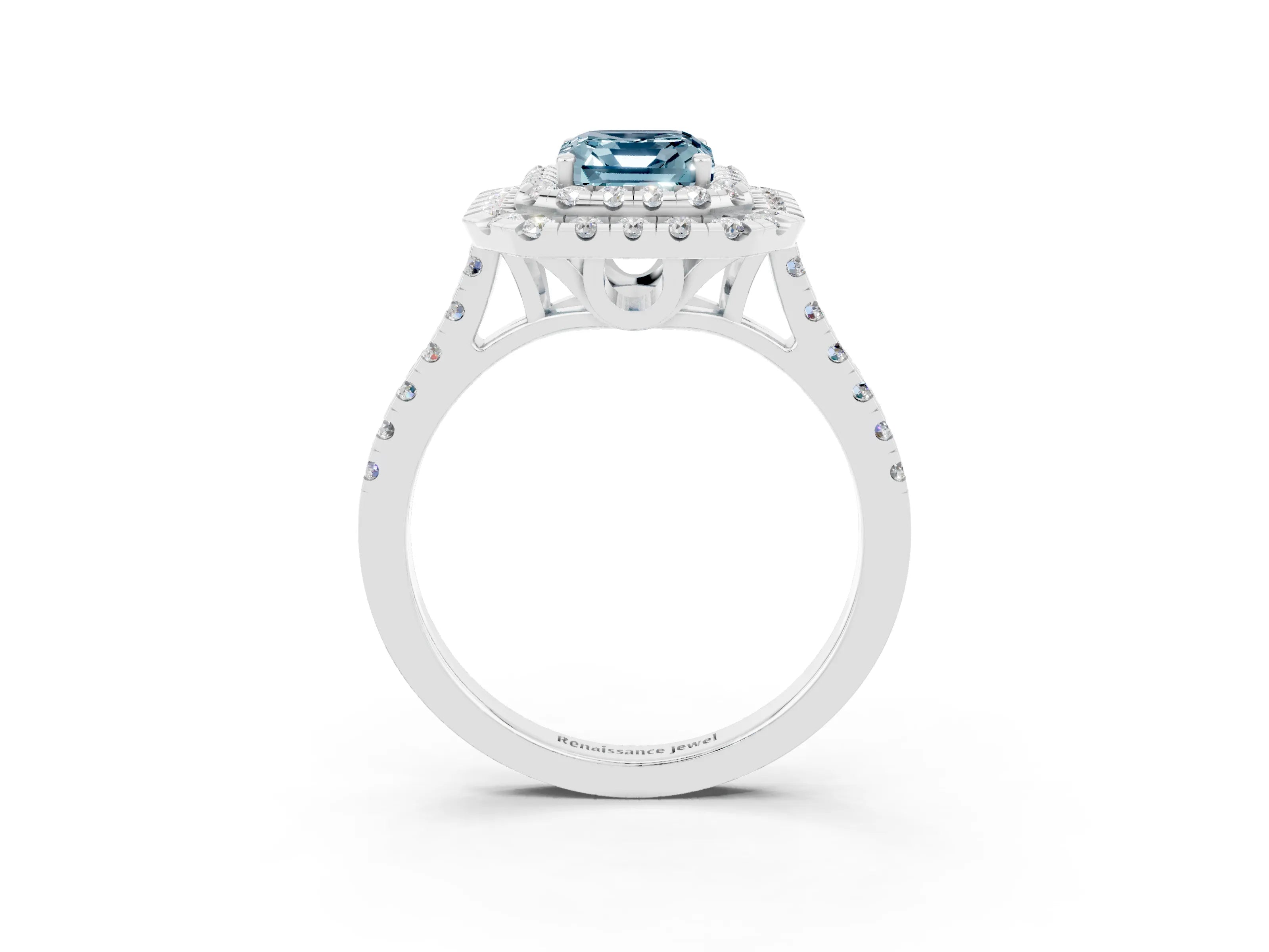 White gold Double Halo Emerald Cut Aquamarine Pavé Band with Four-Prong Setting_3