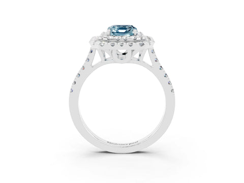 White gold Double Halo Emerald Cut Aquamarine Pavé Band with Four-Prong Setting_3