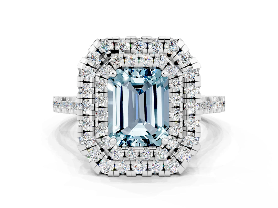 White gold Double Halo Emerald Cut Aquamarine Pavé Band with Four-Prong Setting