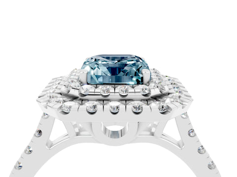 White gold Double Halo Emerald Cut Aquamarine Pavé Band with Four-Prong Setting_4