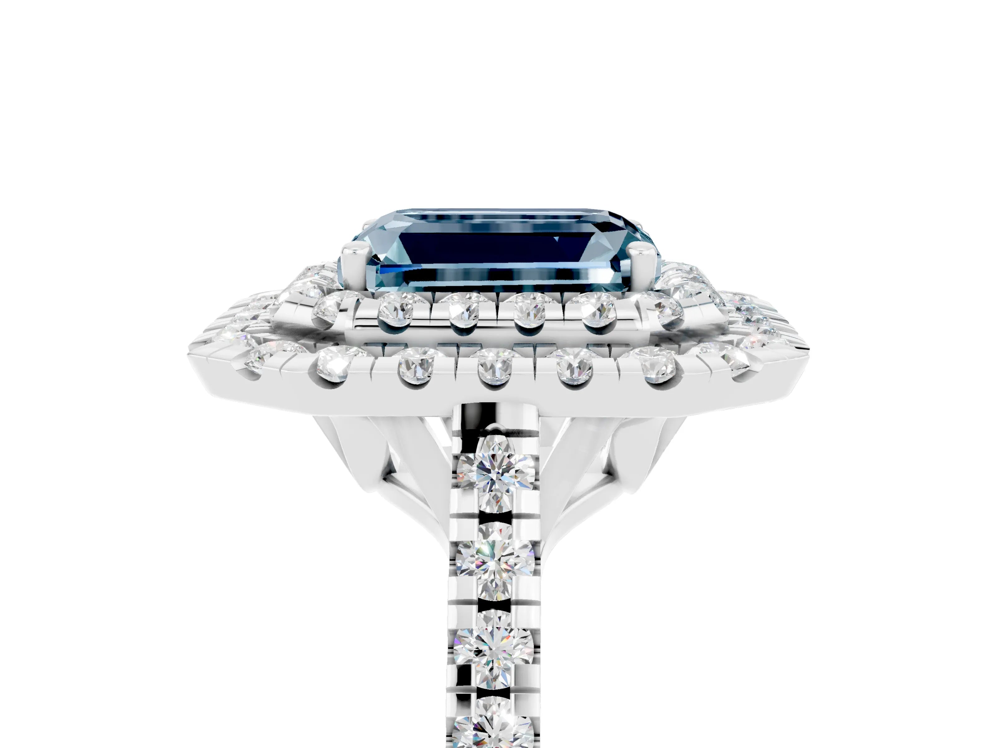 White gold Double Halo Emerald Cut Aquamarine Pavé Band with Four-Prong Setting_5