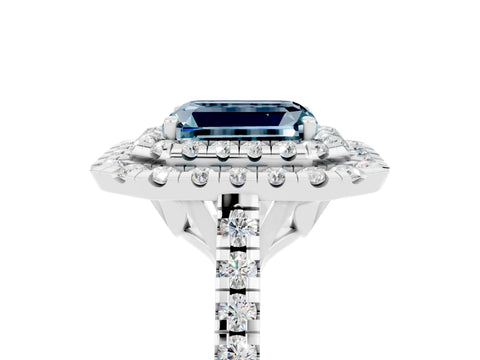 White gold Double Halo Emerald Cut Aquamarine Pavé Band with Four-Prong Setting_5