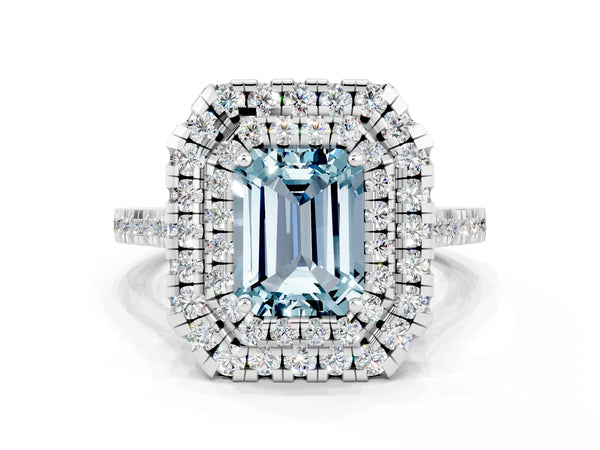 White gold Double Halo Emerald Cut Aquamarine Pavé Band with Four-Prong Setting