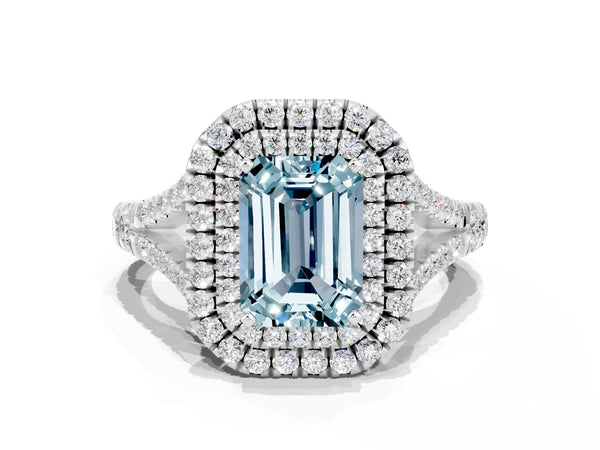 Platinum Double Halo Emerald Cut Aquamarine Pavé Split Shank Ring with Prong Setting