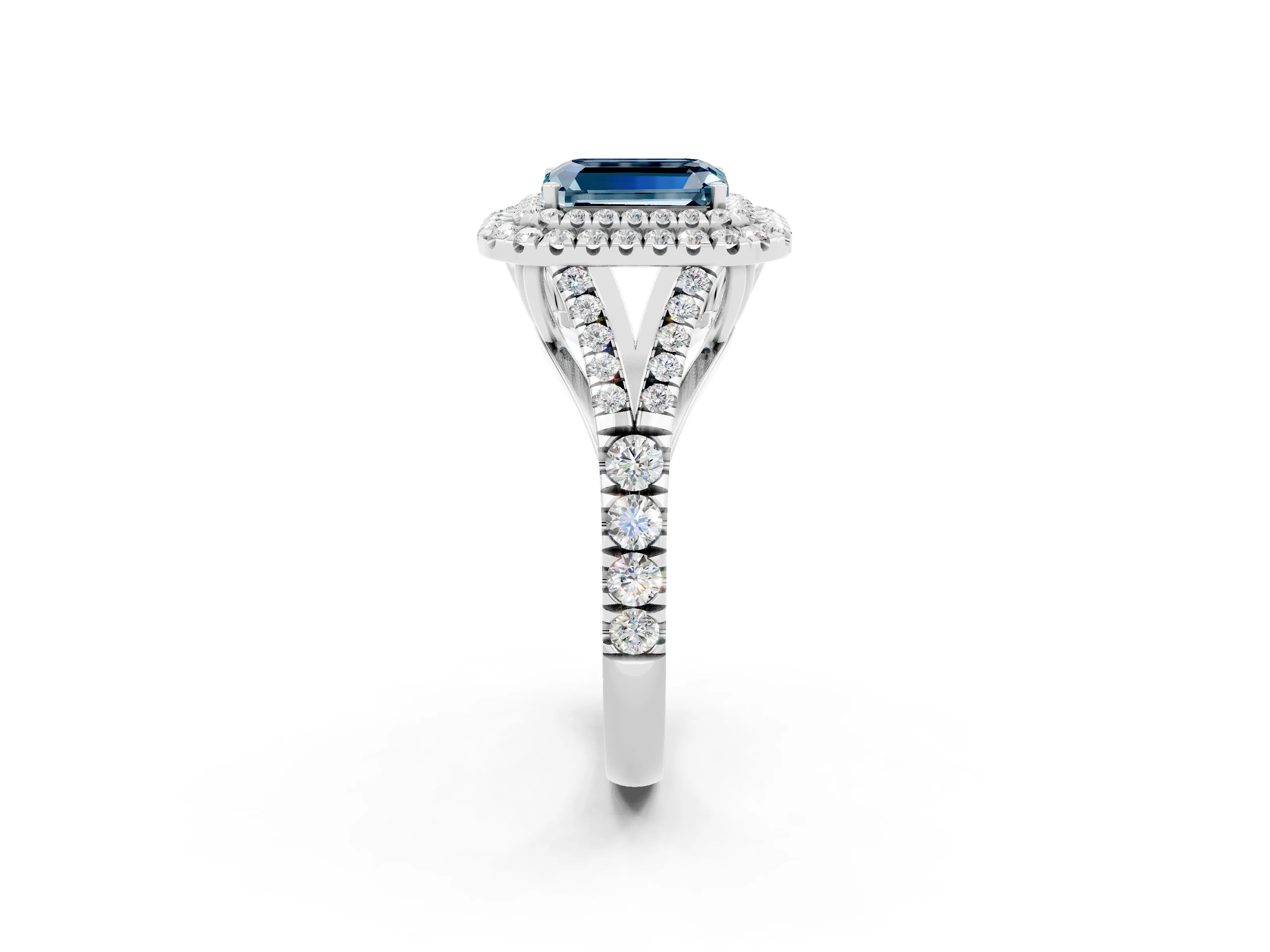 White gold Double Halo Emerald Cut Aquamarine Pavé Split Shank Ring with Prong Setting_2