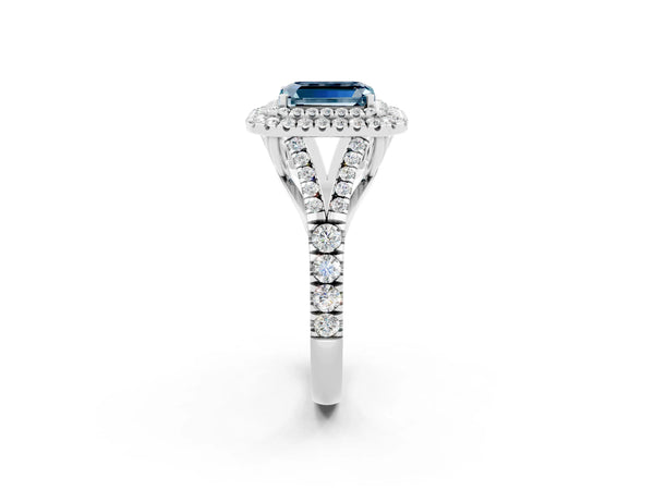 White gold Double Halo Emerald Cut Aquamarine Pavé Split Shank Ring with Prong Setting