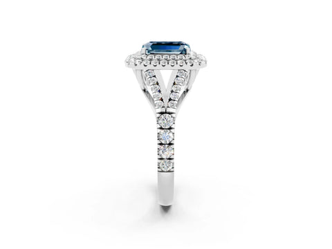White gold Double Halo Emerald Cut Aquamarine Pavé Split Shank Ring with Prong Setting_2