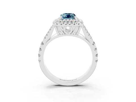 White gold Double Halo Emerald Cut Aquamarine Pavé Split Shank Ring with Prong Setting_3