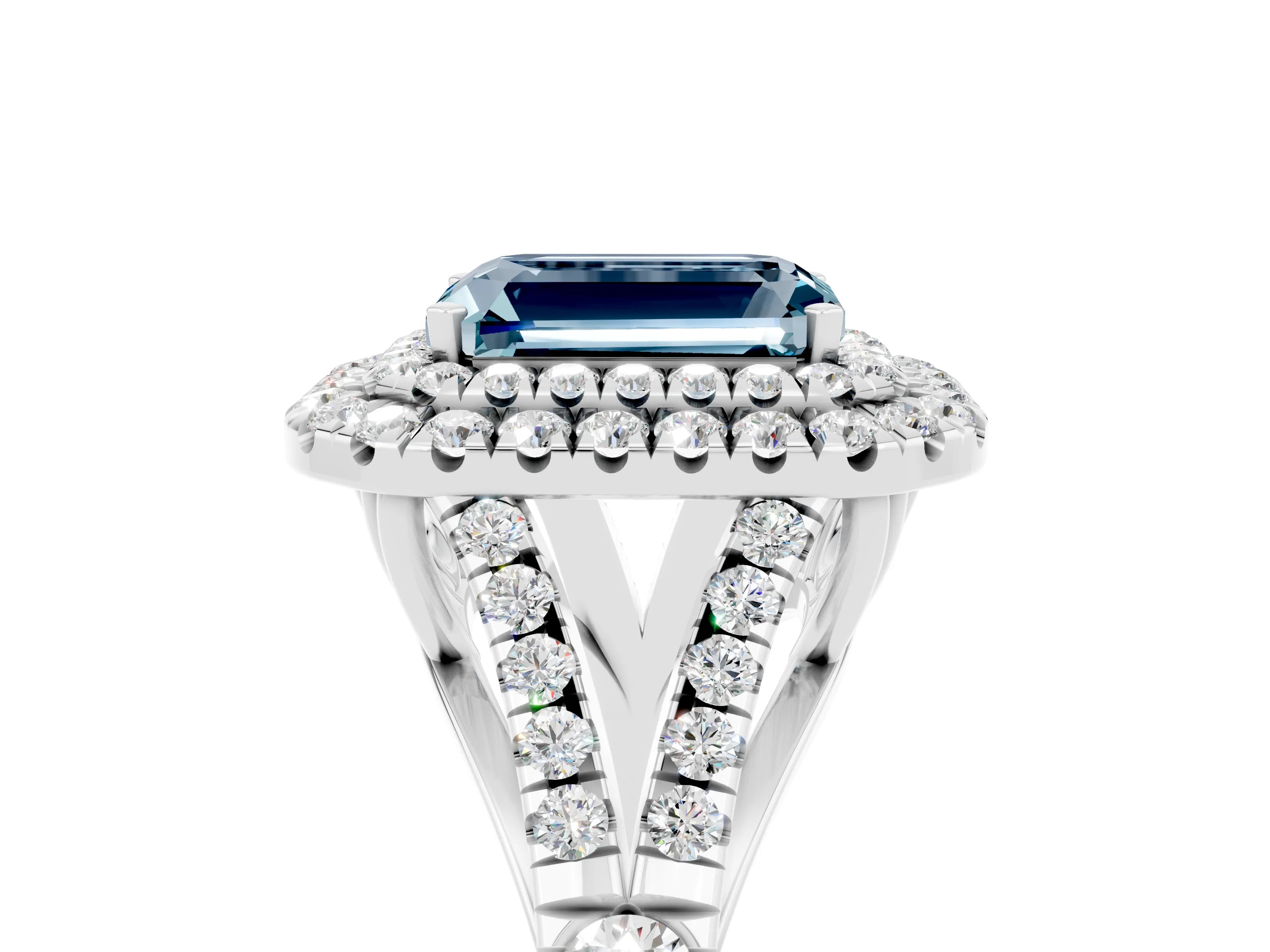 White gold Double Halo Emerald Cut Aquamarine Pavé Split Shank Ring with Prong Setting_5